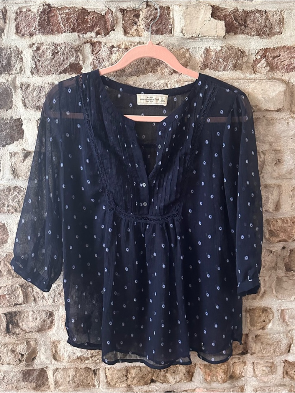 Navy Blue Sheer Peasant Blouse with Pintuck Yoke